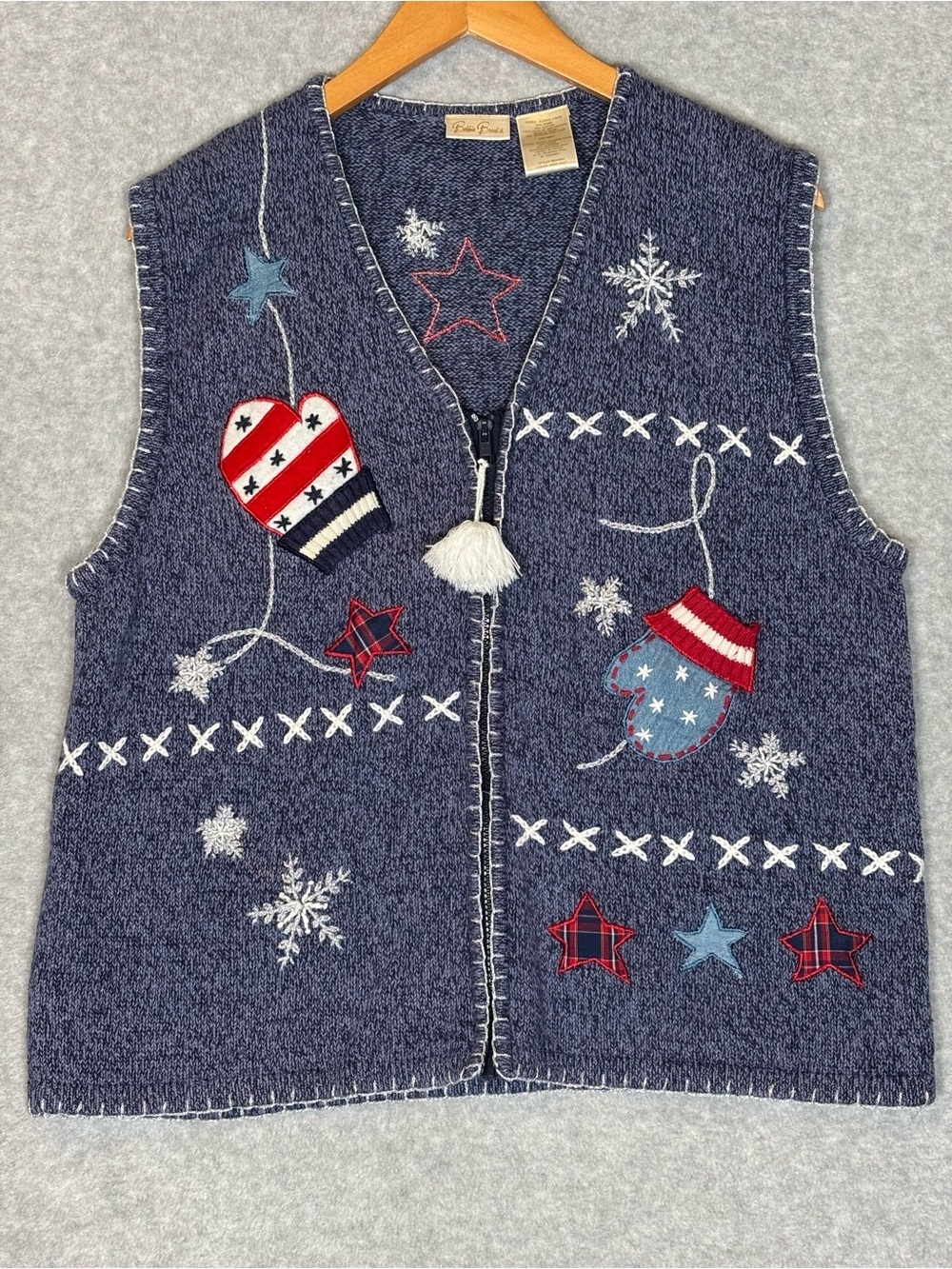 Bobbie Brooks Vintage 1990s Americana Winter Knit Sweater Vest-Blue-Women XL